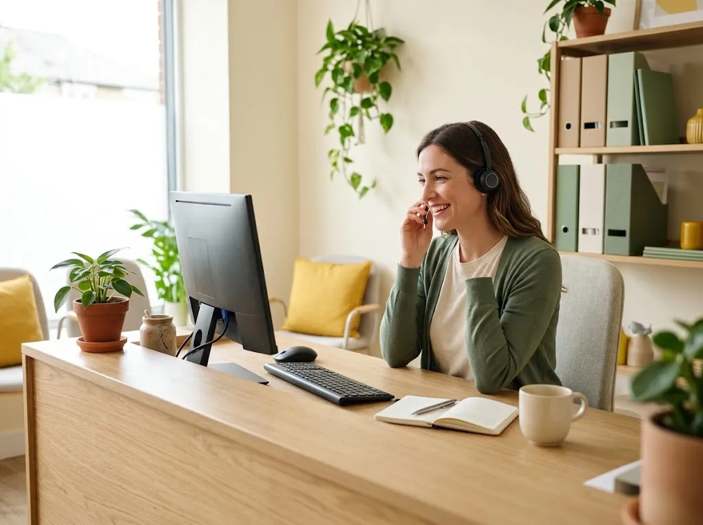 Una mujer con auriculares atiende una llamada sonriendo en una recepción luminosa
