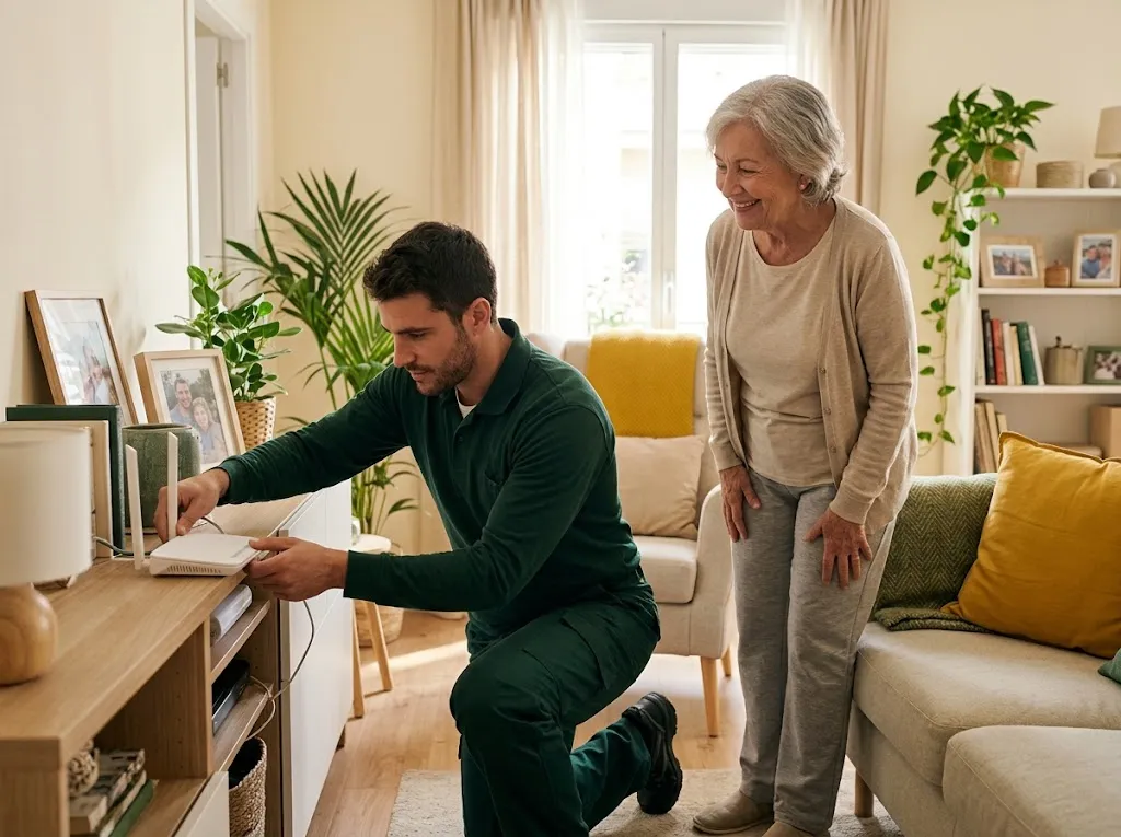 Un técnico conecta el router en el salón mientras una señora mayor lo observa sonriendo